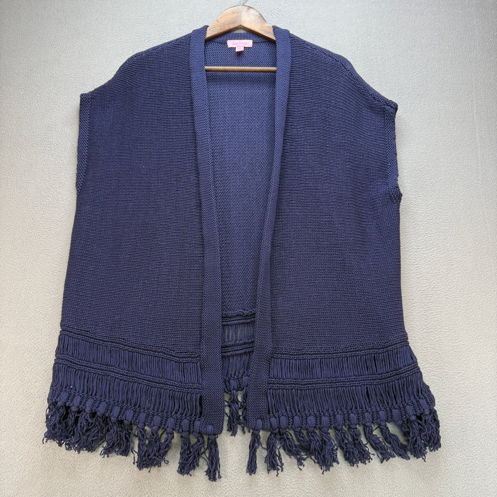 Lilly Pulitzer Fringe Cardigan Vest Womens L/XL Navy Blue Cotton Knit Open Front